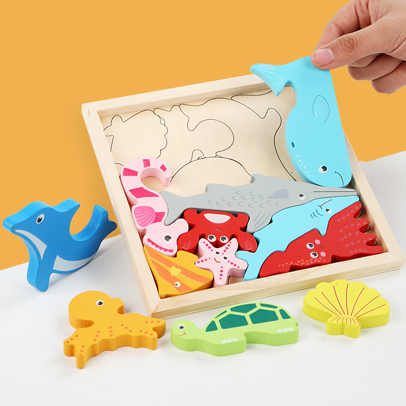 Cartoon children's creative wooden three-dimensional puzzle Tetris animal hand-held puzzle building blocks Transportation