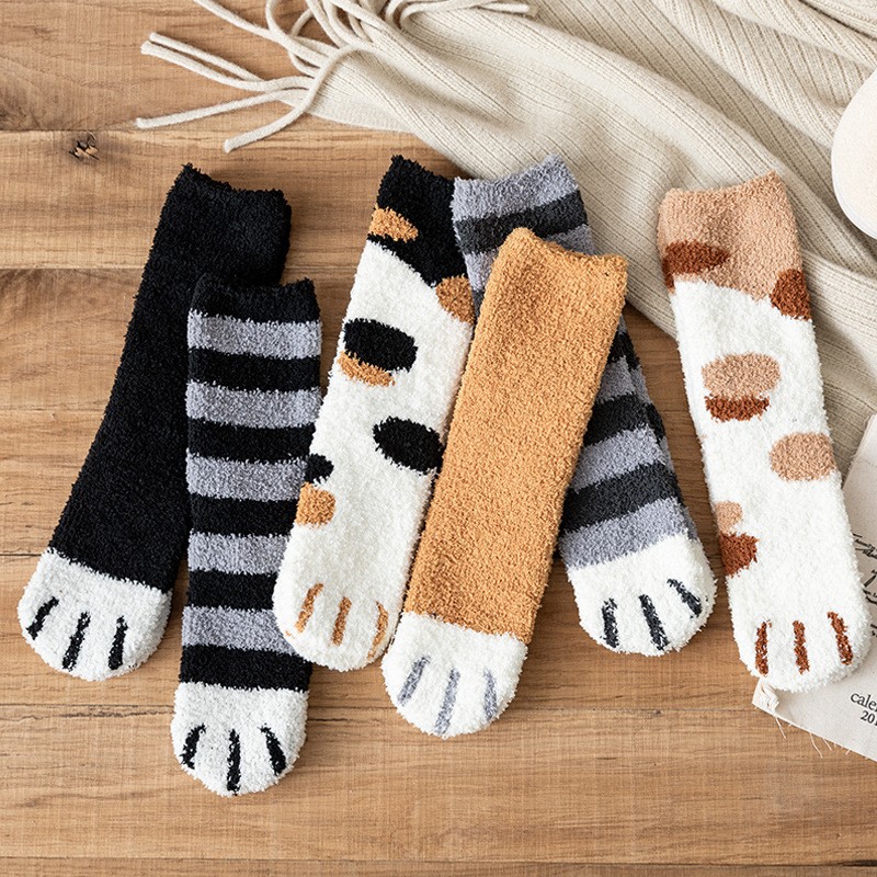 Plush floor cat scratch socks women's autumn and winter plus velvet padded coral fleece tube socks home warm sleep socks