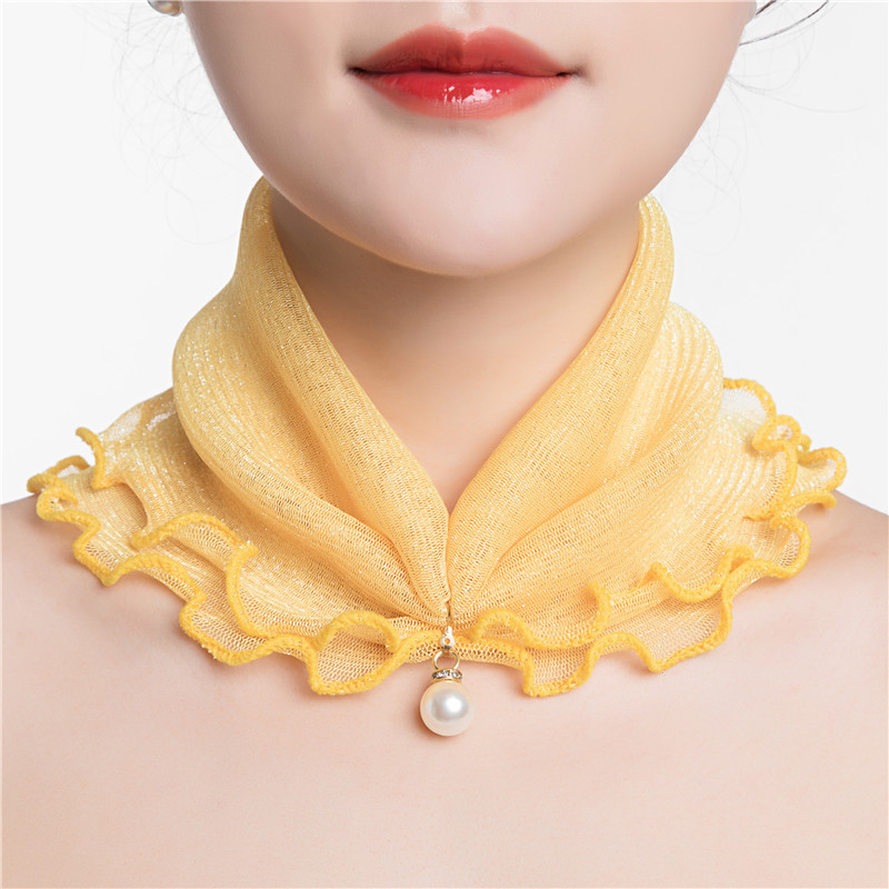 Solid Color Pearl Pendant Gold Silk Scarf Women's Spring and Summer Decorative Neck Protection All-match Neck Sleeve Fashionable Small Silk Scarf Breathable Sun Protection