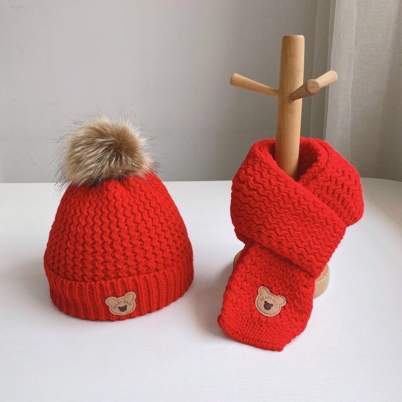 Cappello sciarpa guanti per bambini autunno e inverno set tre pezzi completo invernale caldo foderato in pile per ragazzi e ragazze berretto di lana orso_voghion.com