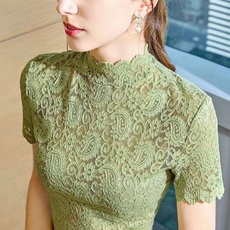 2024 Cashew Flower Inner Short-sleeved T-shirt Hollow Lace Collar Top Women's Lace Shirt