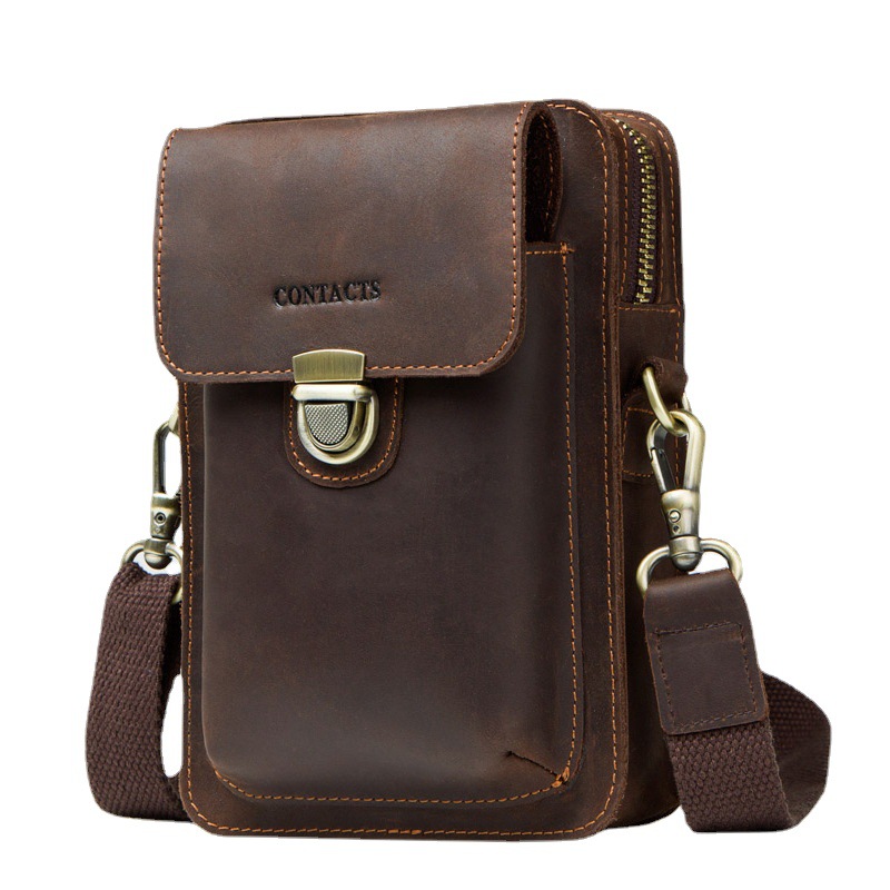 Black Angel foreign trade supply cowhide men's shoulder crossbody bag retro Crazy Horse leather mobile phone waist bag cross-border delivery