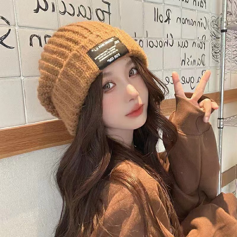 Factory direct winter women's wool knitted stickers hat face small big head circumference warm thick couple pile hat