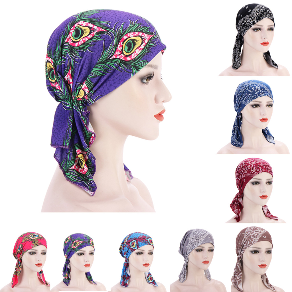 Europe and the United States new flower cloth curved cashew feather head cap two-horn cap elastic Muslim turban cap