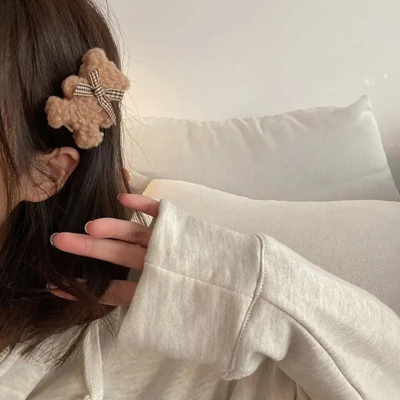 秋/冬の新ぬいぐるみクマのヘアクリップサイドクリップ多用途 bb ソフトふわふわフリンジヘアアクセサリー女性のための|undefined