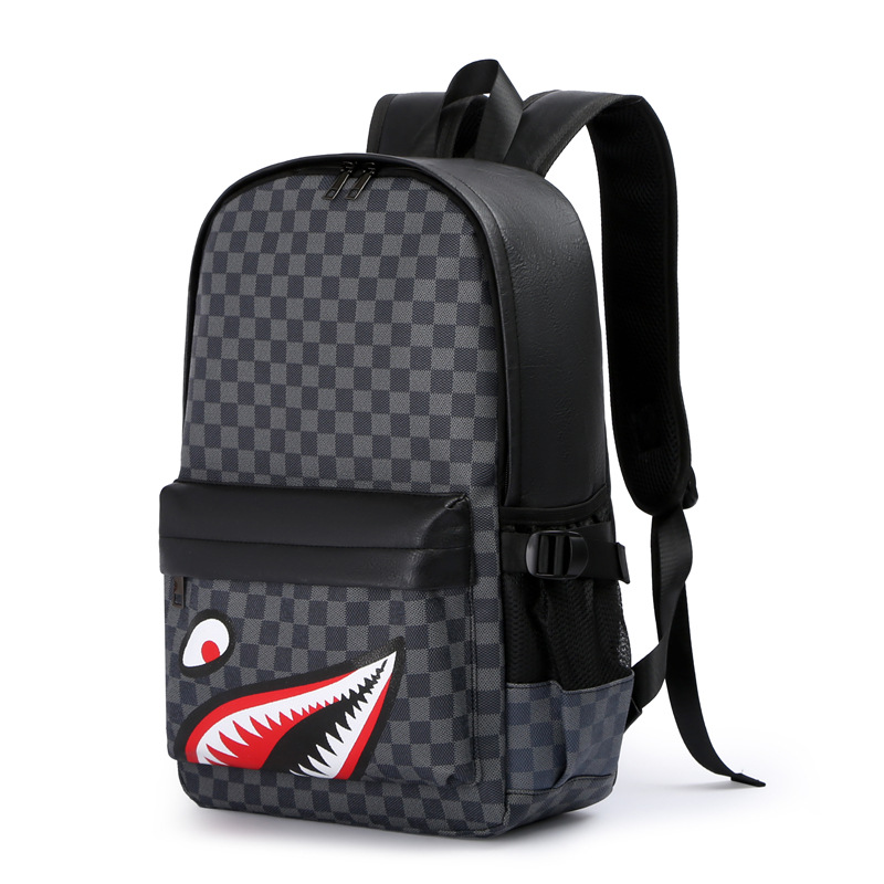 Backpack Men's Fashionable Brand European and American Fashion Plaid Travel Backpack Trendy All-match Leather Boys Schoolbag Computer Bag