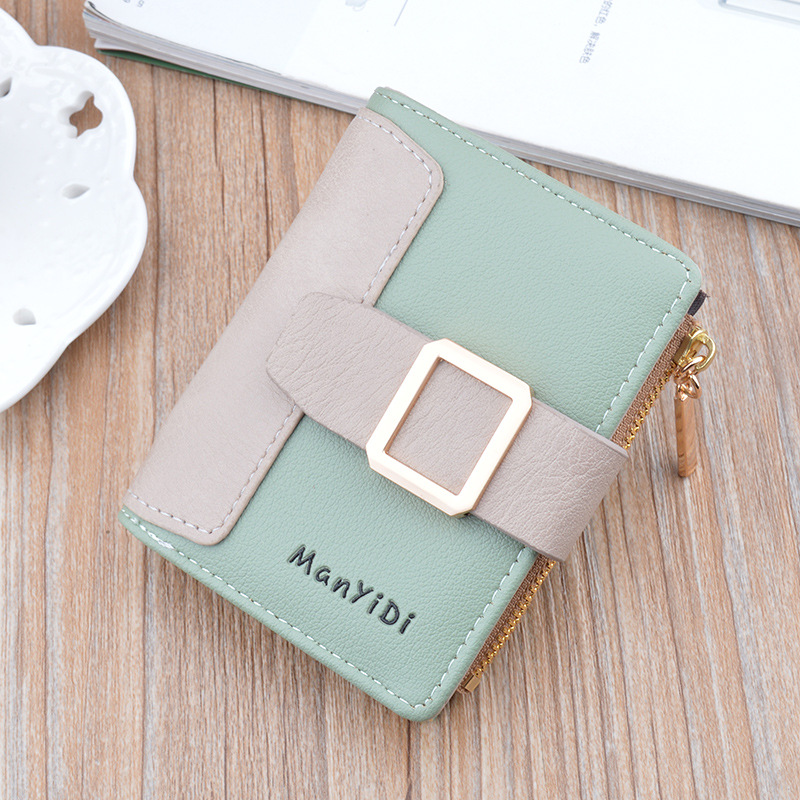 New Wallet Women's Short Wallet Small Fashionable Contrast Color Zipper Wallet Student Drawstring Buckle Coin Purse Card Holder