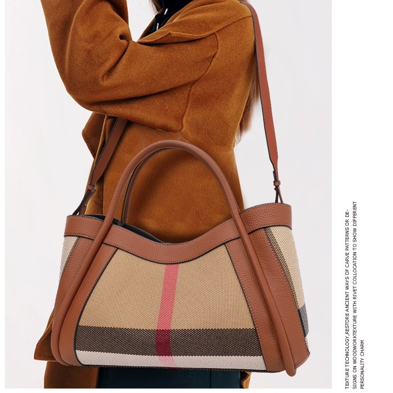 European and American Fashion Large Capacity Genuine Leather Women's Bag Trendy 2024 New Style Plaid Bag Cowhide Wings Bag Plaid Large Handbag