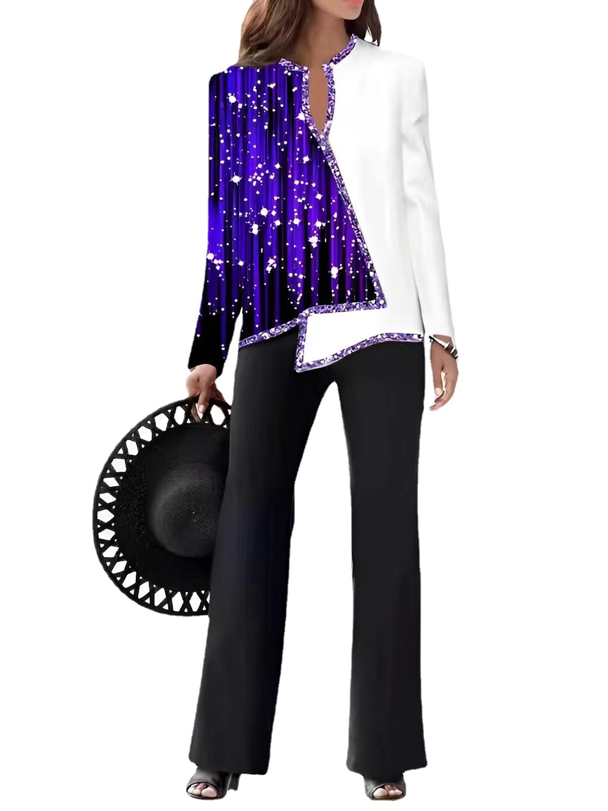 2023 Summer European and American Amazon 3D Digital Printing Women's V-Neck Asymmetric Fashion Casual Shirt Pants Set
