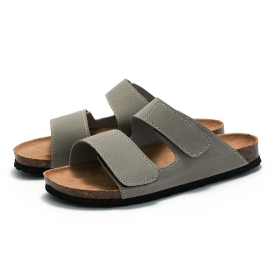 RUIZUSTOCK Wise Foot Men's Cork Slippers Trendy Student One-Word Slippers Double Strap Men's Beach Shoes Frosted Leather
