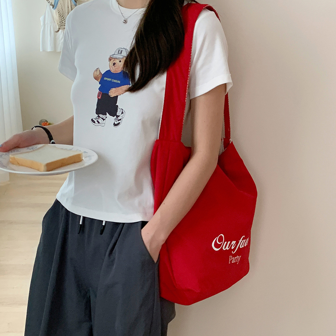 Korean Style Simple Letter Commuter Shoulder Bag Dual-purpose Striped Bag Large Capacity Nylon Waterproof Canvas Bag for Women