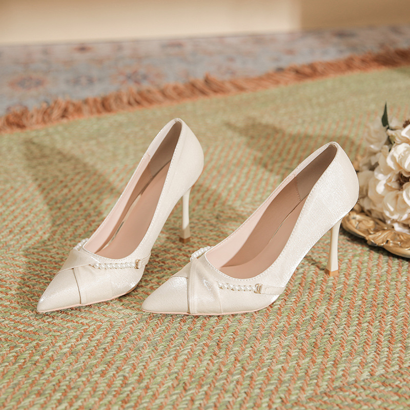 Xinzhilan New Pointed Stiletto Heel Satin Pearl Buckle Buckle All-match Commuter Daily Work Shoes High-heeled Shoes for Women