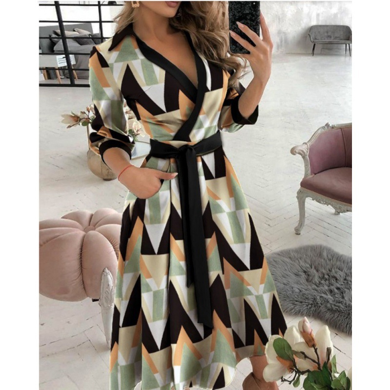 2022EBAY WISH spring/summer fashion long sleeve V-neck printed sheath dress women's clothing