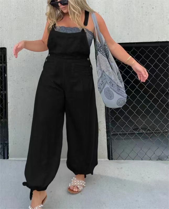 2023 European and American cross-border foreign trade Women's suspender jumpsuit solid color stitching suspender ankle-tied trousers