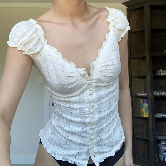 2022 Amazon Independent Station New Women's Pleated Shoulder Low Collar Button Folding Lace Tight Top
