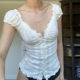 2022 Amazon Independent Station New Women's Pleated Shoulder Low Collar Button Folding Lace Tight Top