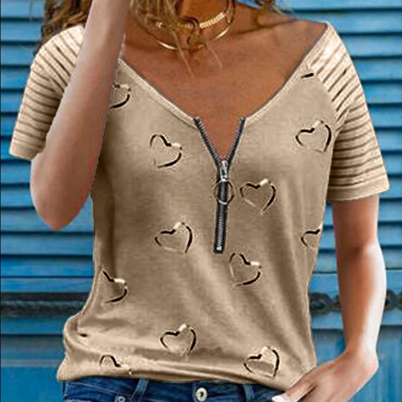 2021 New Amazon wish European and American Cross-border Women's Printed V-neck Zipper Casual Loose Short-sleeved T-shirt