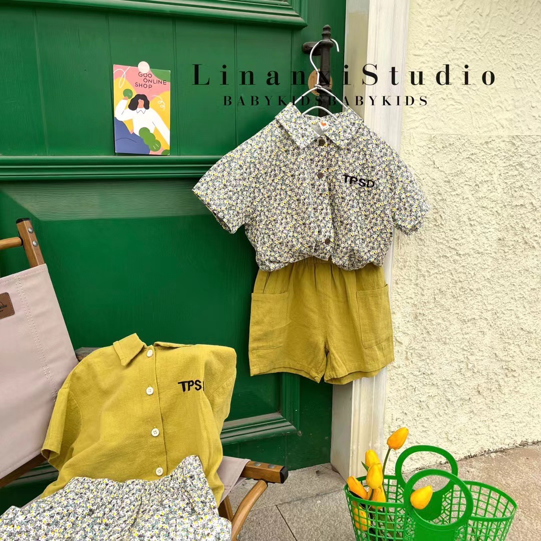 Li Nancy 23 years summer new boys Korean children's plaid suit Korean cotton linen breathable short two-piece suit