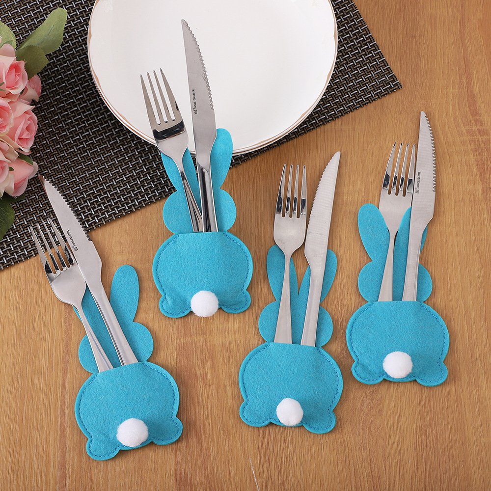 Easter Bunny Knife and Fork Bag with Tail and Feet Cartoon Colorful Knife and Fork Silverware Tableware Storage Bag Table Decoration