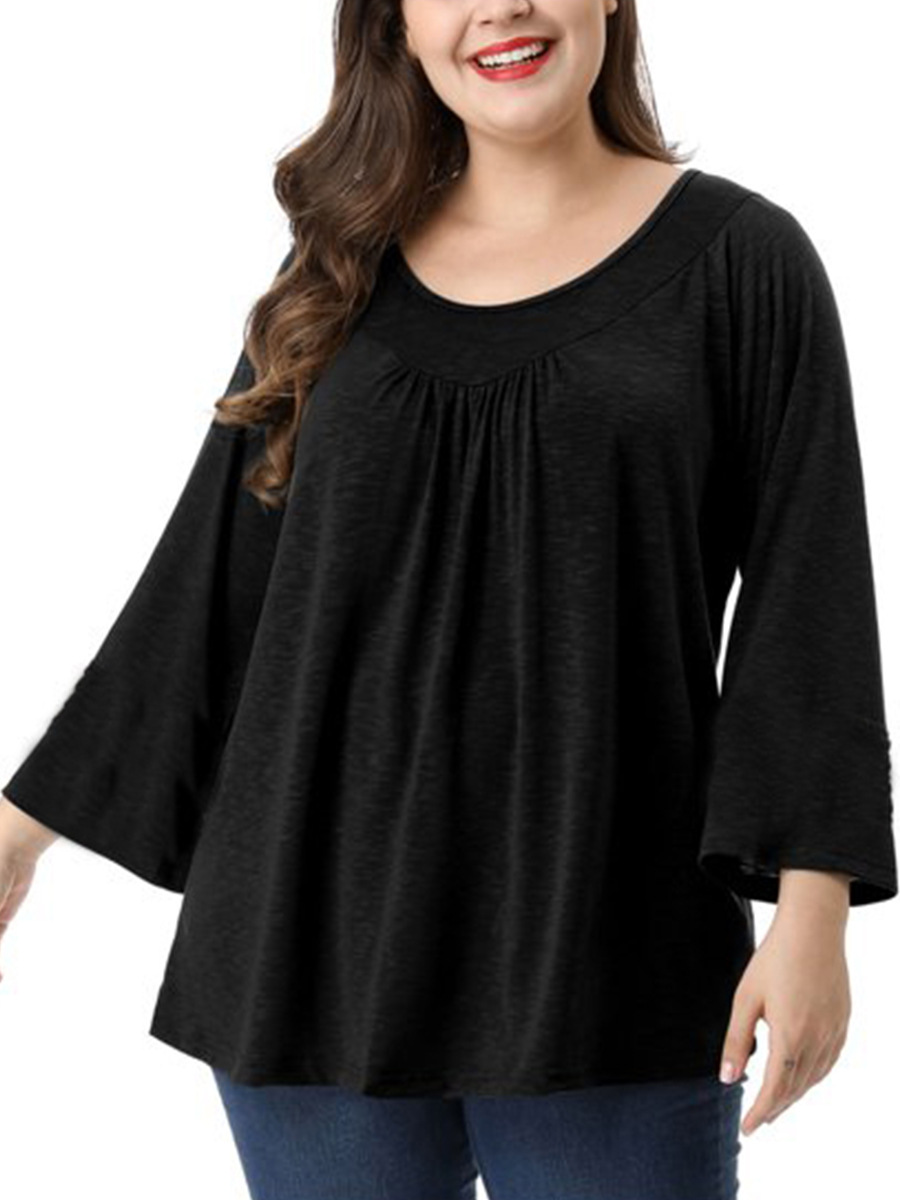  New Amazon AliExpress European and American Style Large Size Pleated Round Neck Loose Long Sleeve Top