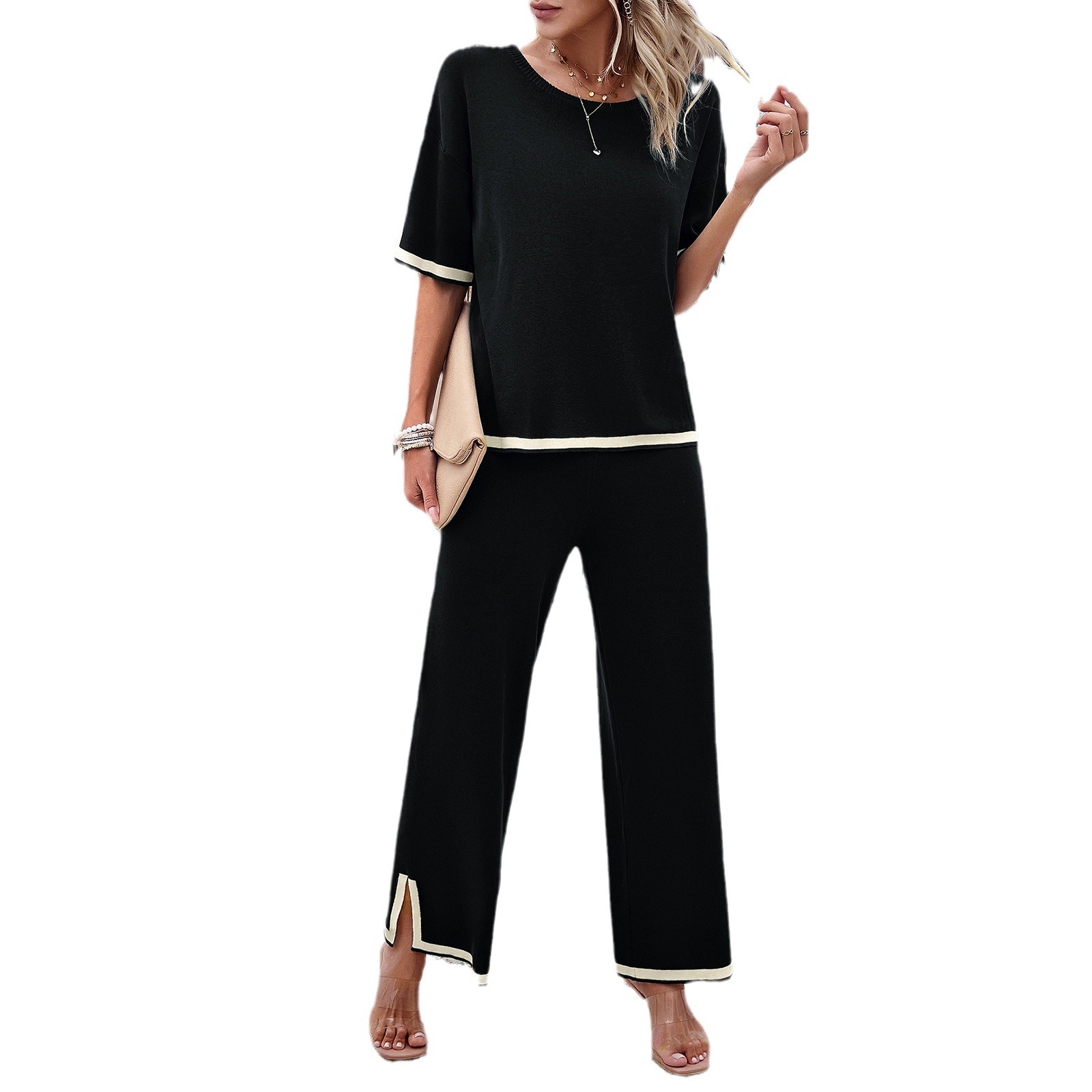 Di Yun cross-border Amazon fashion women's clothing 2024 spring and summer foreign trade temperament casual short sleeve knitted pants suit