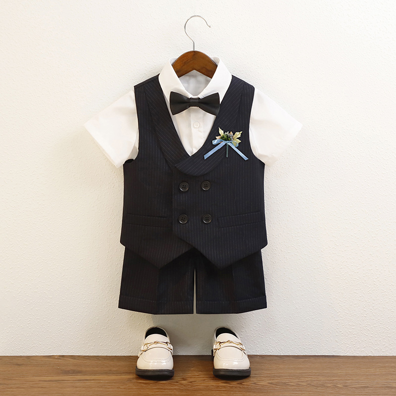 Children's Suit Spring and Summer British Style Striped Vest Short-sleeved Suit Boys' Host Performance Suit Children's Flower Dress
