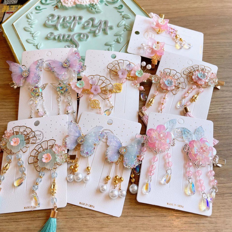 Conjunto de tocados de estilo chino para niños, horquilla Hanfu para niñas, horquilla de estilo antiguo, accesorios para el cabello con borlas de mariposa y hadas_voghion.com