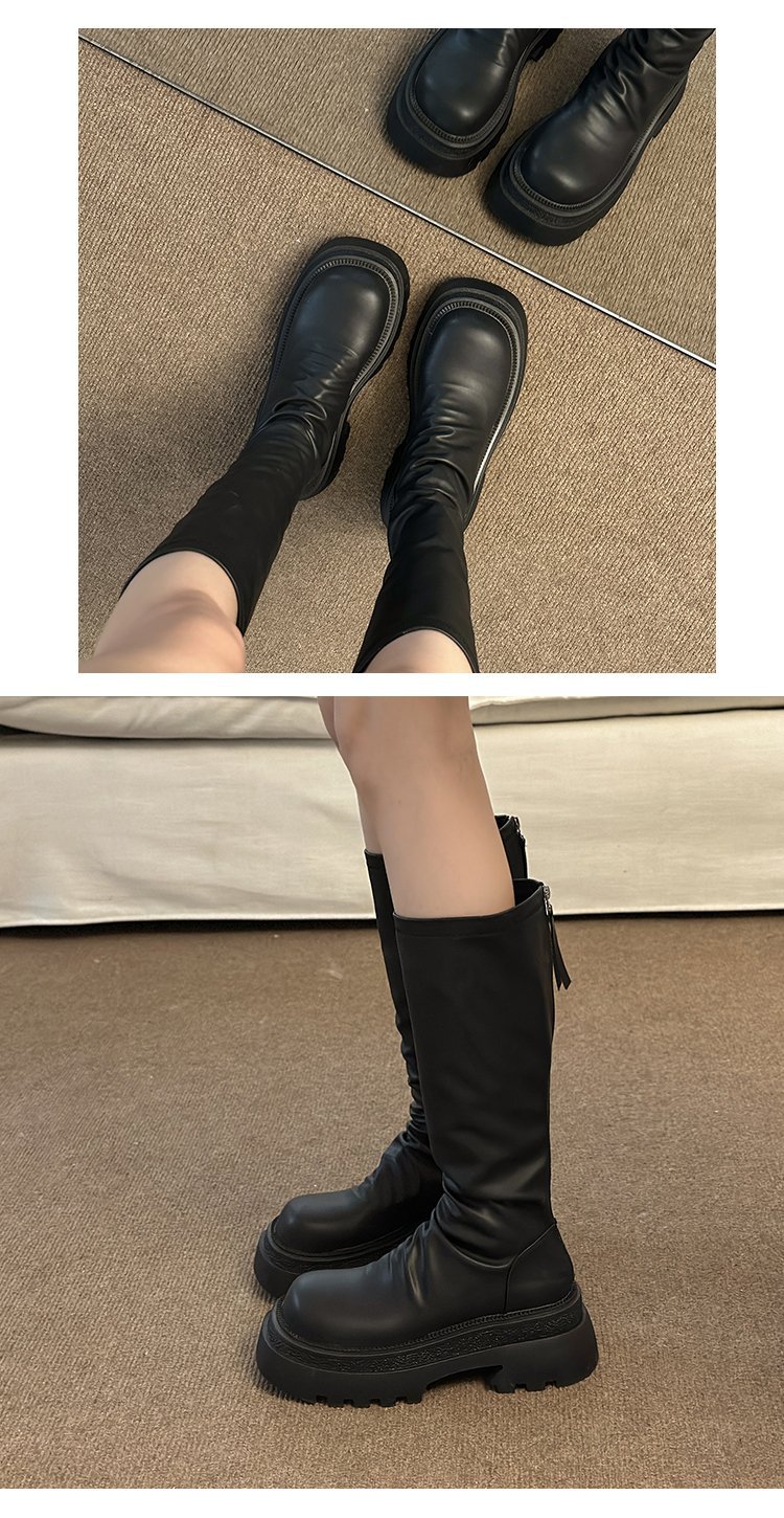 Moteriški storapadiai platforminiai aulinukai iki kelių 2023 m. rudens ir žiemos madingi klostuoti aulinukai iki kelių, ploni, elastingi aulinukai_voghion.com