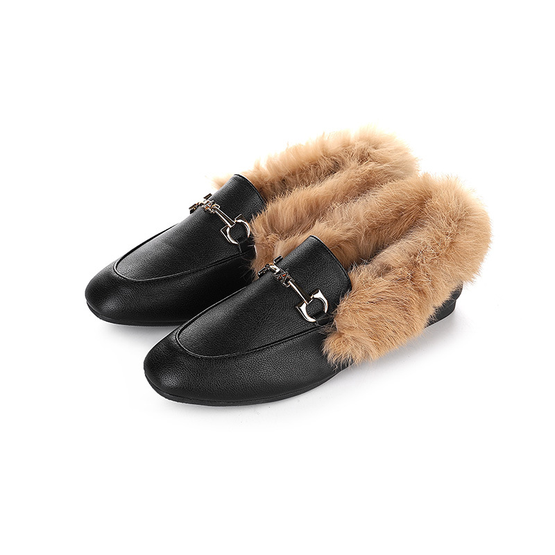Mao Mao shoes women's winter wear 2023 new autumn and winter flat heel Velvet Bean shoes rabbit fur shoes women's shoes tide