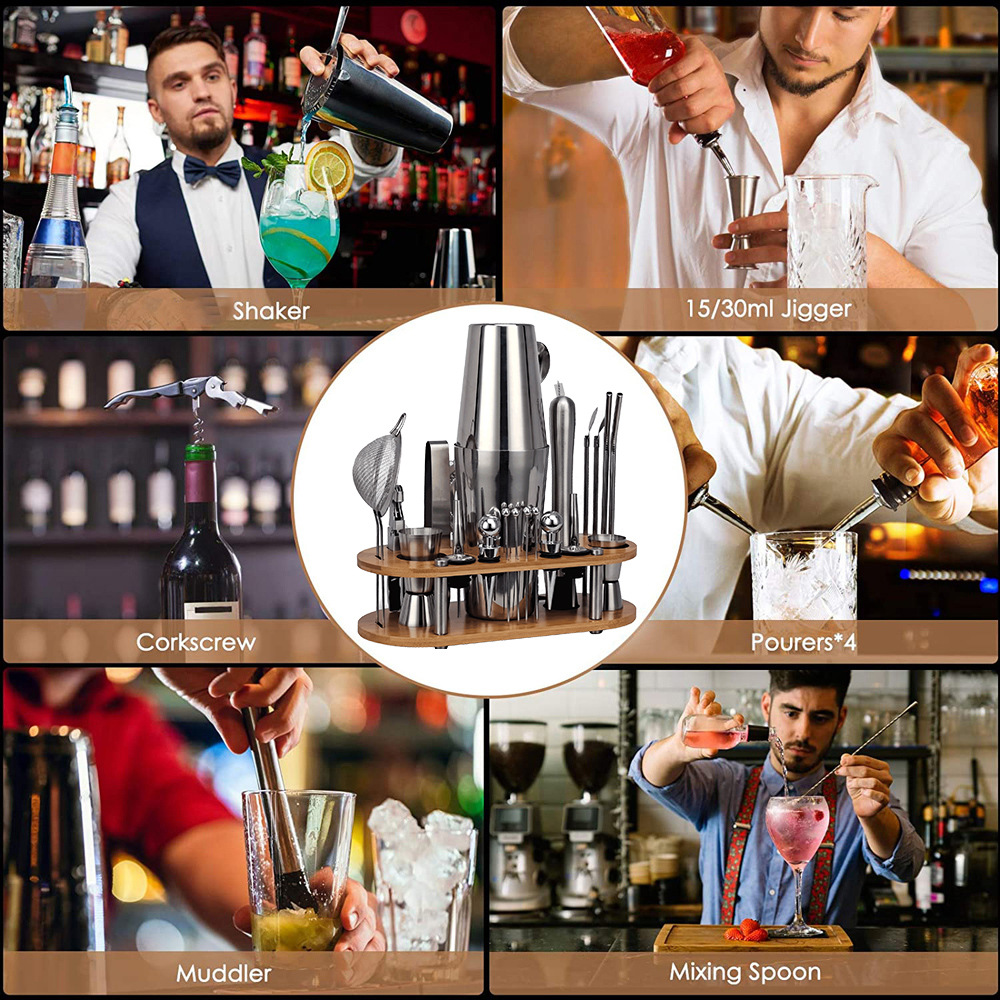 23-piece stainless steel shaker Boston cocktail suit new removable oval bamboo rack bar tools
