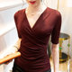 Summer New Mid-sleeve Mesh Top Stylized Inner Base Shirt Stretch Large Size Cross V-neck Small Shirt