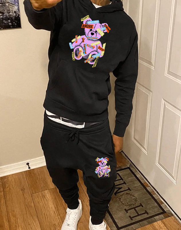 2023 foreign trade independent station autumn and winter New loose printed cartoon bear sweater men's hooded sweater factory wholesale