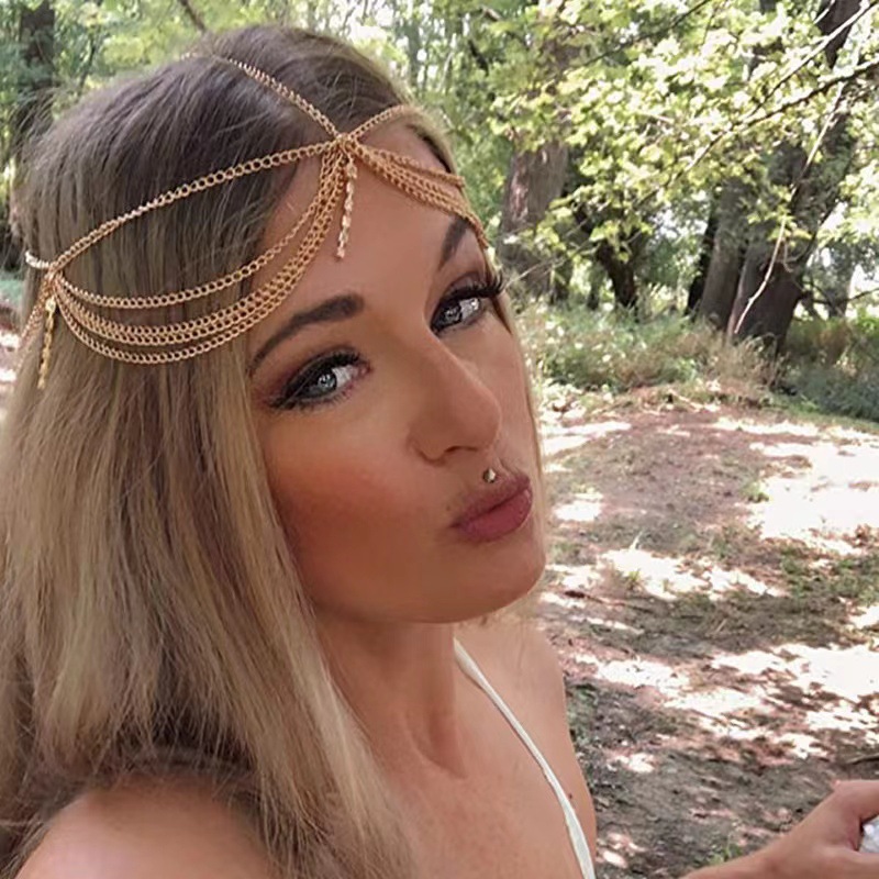 Cross-border European and American popular bohemian metal chain multi-layer tassel wave Diamond Strip pendant hair band ancient style headdress