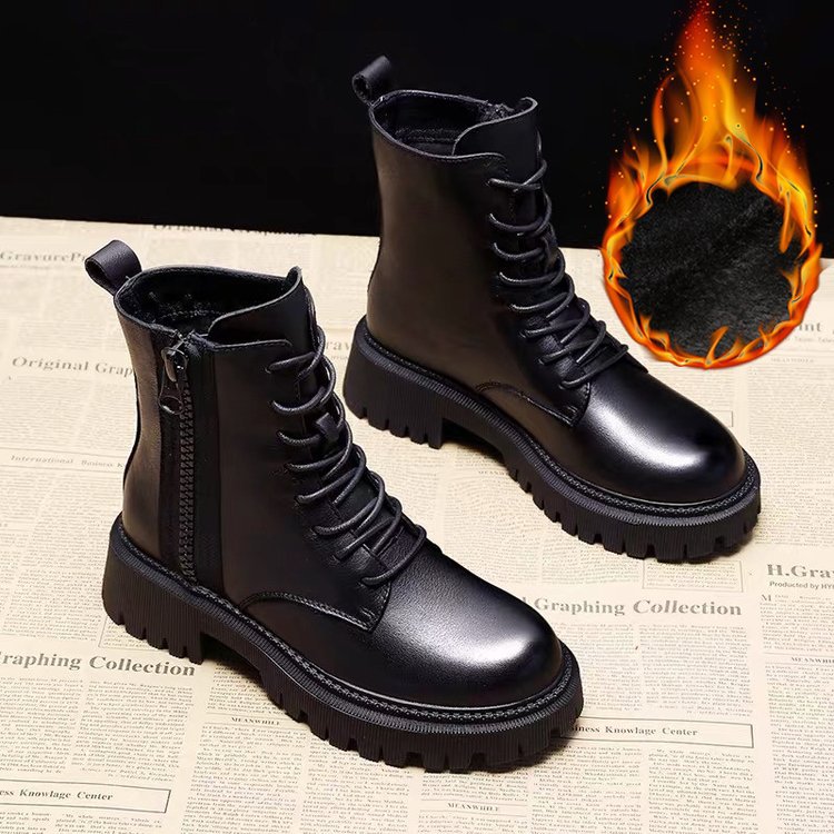 British Midi Boots Martin Boots 2021 Black Handsome Short Boots PU Front Lace-Up Round Toe Low Heel Thick Single Boots