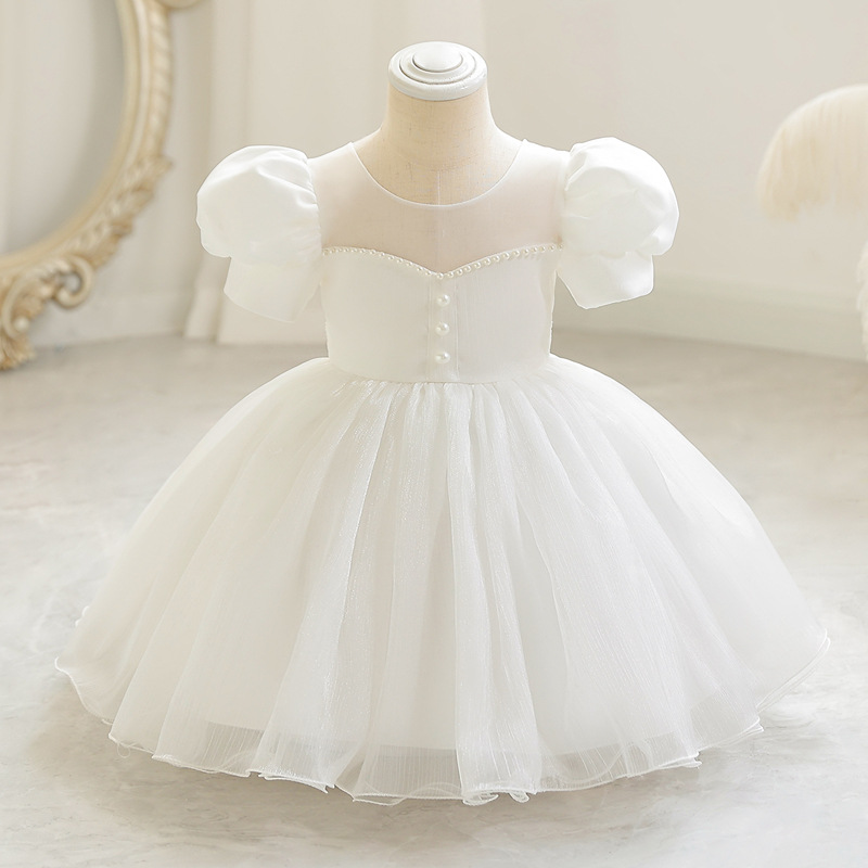 Girls' Court Style Short Dress Children's Princess Dress Bubble Sleeve Mesh Puff Dress Small Host Performance