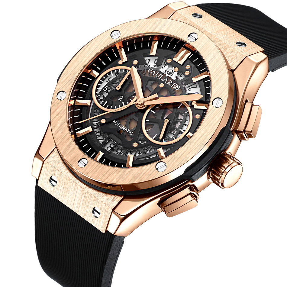  Automatic Mechanical Rubber Belt Multifunctional Running Seconds Chronograph Rose Gold Quartz Men's Watch_voghion.com