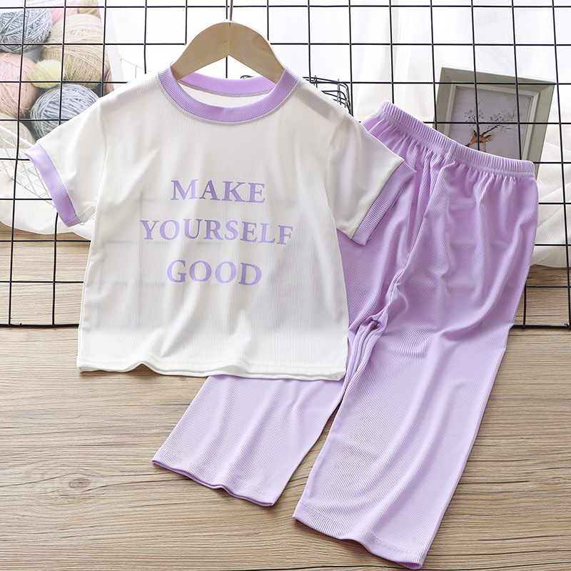 Summer 2025 Children's Set Fashion Korean Style Breathable Cool Sensation Ice Silk Short Sleeve Girls' Home Wear Children's Clothing Wholesale