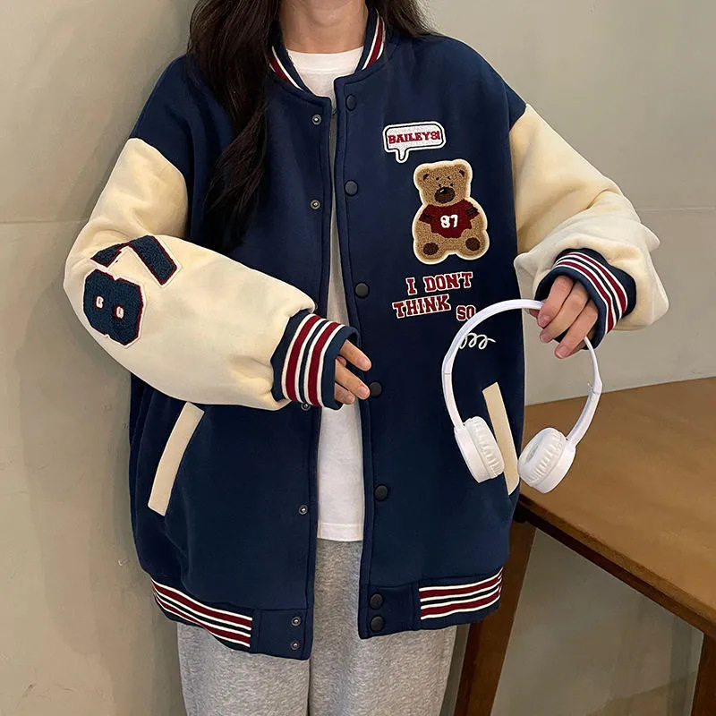 Retro Student Internet Celebrity Bear Baseball Suit Cardigan Women's Spring and Autumn Hong Kong Style Large Size Slimming All-match Jacket Coat Trendy