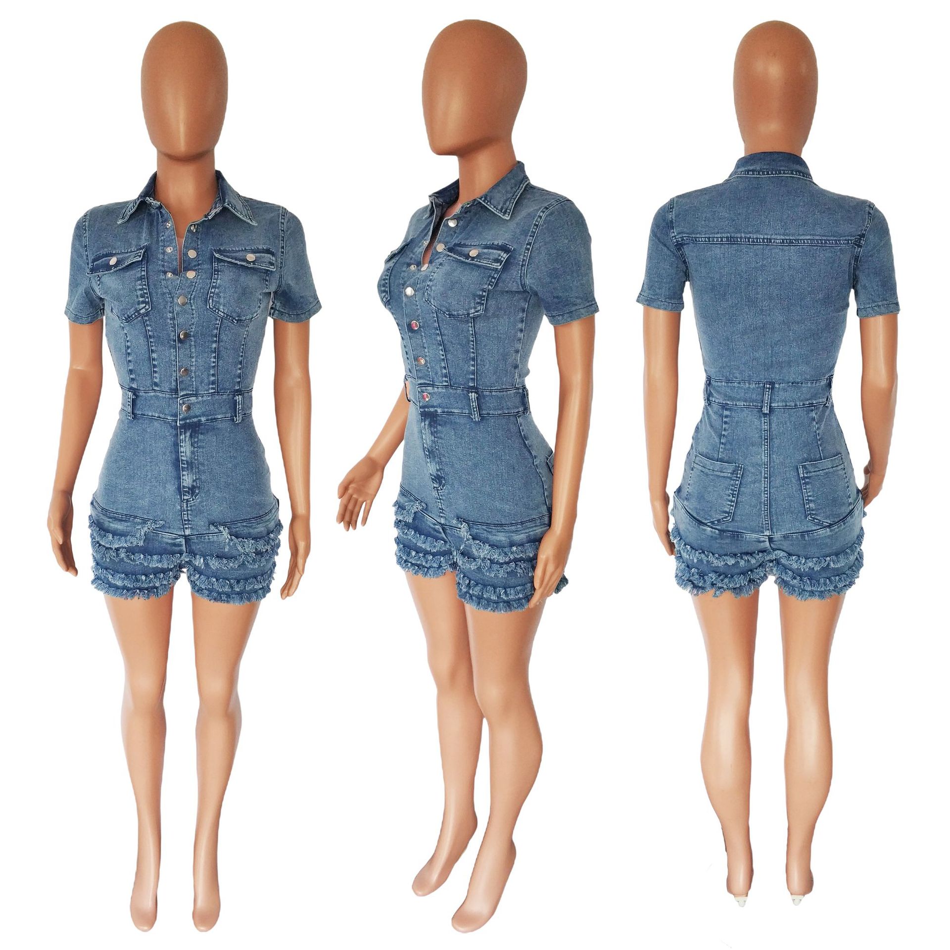 6940 Amazon European and American Women's Cross-border New Fashion Denim Women's Slim Fit Raw Edge Tassel Denim Jumpsuit