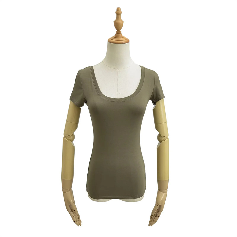American Style Retro Sexy Large Round Neck Short-sleeved T-shirt Women's Basic Elastic Slim-fit Simple Solid Color Base Pure Desire Top
