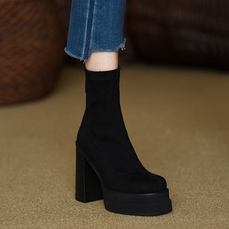 Fashion boots elastic boots Korean style thin boots 2023 autumn and winter super high heel chunky heel square toe waterproof platform short boots for women