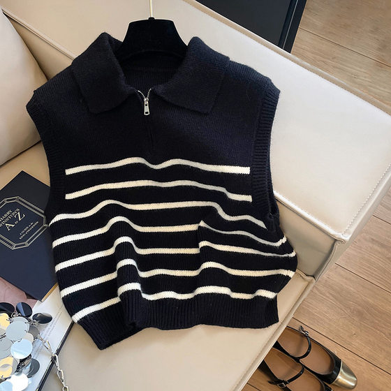 Korean-style Retro POLO Lapel Zipper Striped Knitted Vest Sweater Autumn and Winter Inner Wearing Elegant Waistcoat