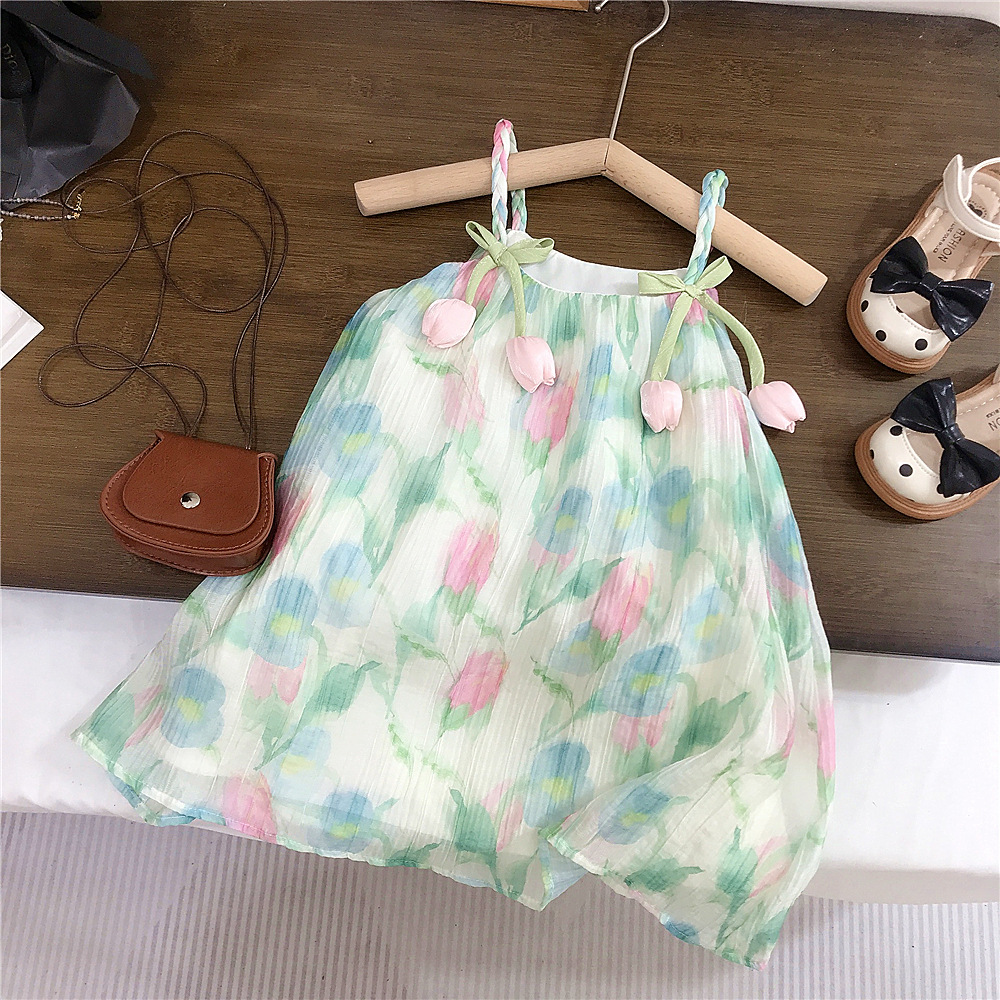 Summer Girl's Floral dress Baby Korean Style Children's Wear Girl's Western Style Tulip Sling Princess Dress Trendy Foreign Trade