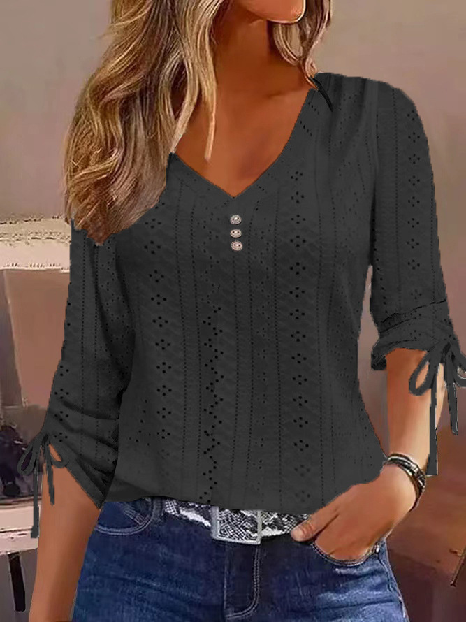 2023 Autumn and Winter Europe and America Amazon TEMU Independent Station Cross-border New Solid Color Jacquard Button Long Sleeve T-shirt Top