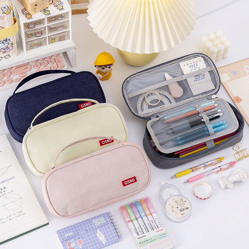 Q Liancheng Solid Color Simple Portable Pencil Bag Multi-layer Stationery Storage Bag Thickened Multifunctional Stationery Box