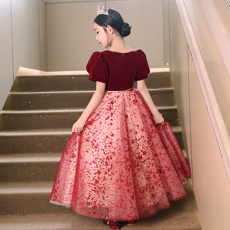 Girls' velvet evening dress host dress Princess dress autumn violin performance dress piano performance dress