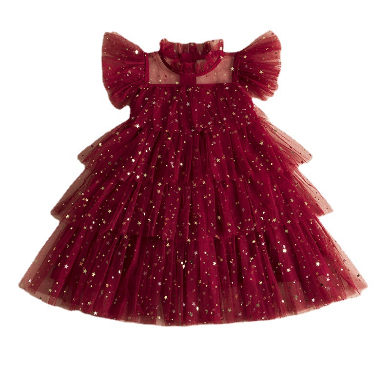 2022 Summer New Girls' Princess Dress Girl's Fairy-like Sequin Mesh Puff Dress Children's Korean Style Dress