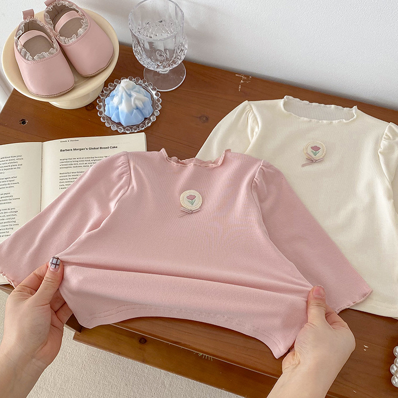 Dioxi baby girl bottoming shirt 2024 spring and autumn infant versatile sweet flower label top cotton long sleeve T
