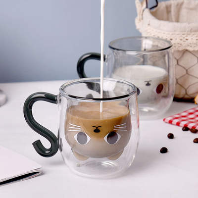 Cartoon glass kitten drinking cup with handle transparent glass drink milk tea coffee cup insulated milk double-layer Cup