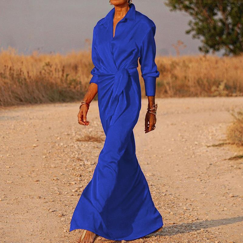 Autumn 2022 European and American New Women's Lace-up High Waist Split Floor Dress Long Sleeve Lapel Sexy Dress